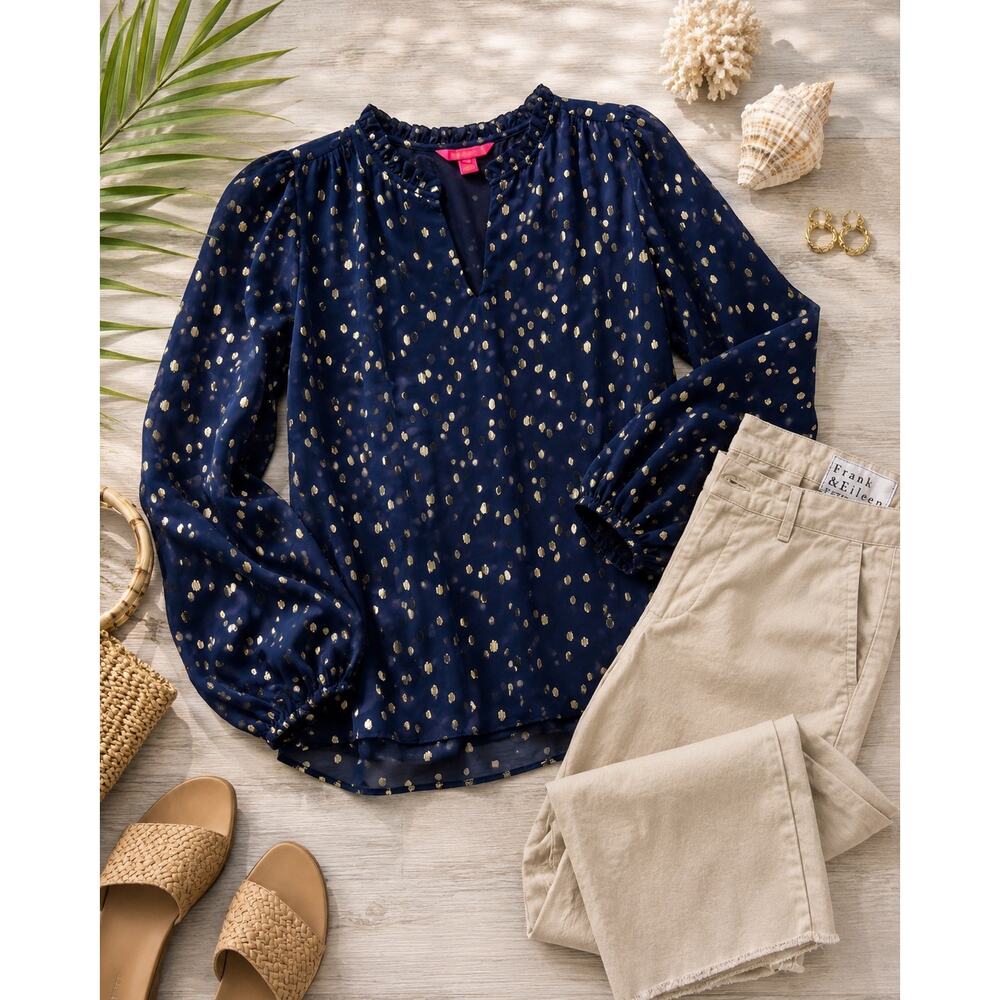 Lilly Pulitzer Gianna Silk Metallic Dot Blouse Navy Gold Size Large Long Sleeve
